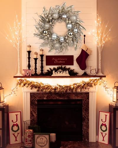 Christmas Wreath Door Wreath for Christmas – Champagne Advent Wreath with Christmas Baubles and Long Branches, Decorative Wreath Christmas Decoration Table Wreath, Diameter 40 cm