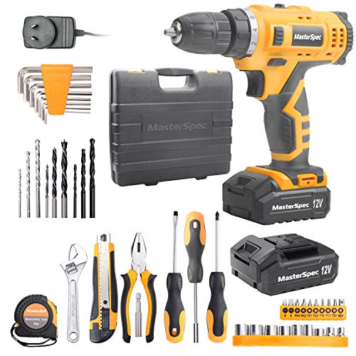 MasterSpec 47Pcs 12V Cordless Drill Driver Set Household Hand Tool Kit w/ 2 Batteries