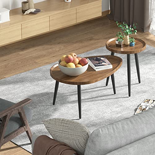 Coffee Table Nest Table Sets: Set of 2 Nesting Coffee Table Oval Wooden Diameter 80cm Industrial Accent Tables Living Room MDF Wood Centre Tables with Metal Legs for Home,Condos,Hotel