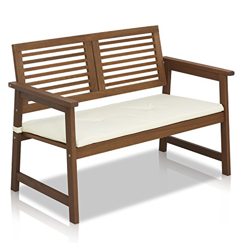 Furinno Tioman Hardwood Outdoor Bench in Teak Oil with White Cushion