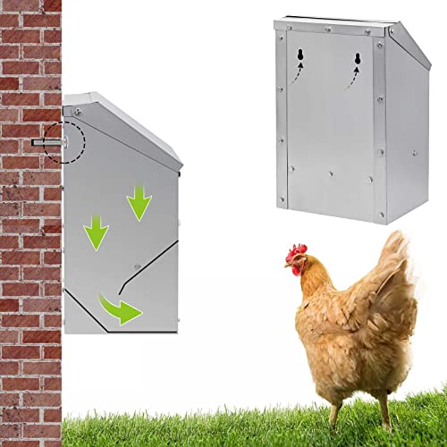 ZHEQOGZH Stainless Steel Hanging Chicken Feeder with Lid No Waste Weatherproof Metal Automatic Poultry Feeder Wall Mount Outdoor Chicken Coop Food Dispenser Feeder for Chickens Ducks (10Lbs)