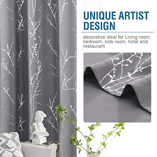 Smarcute Blackout Curtains Foil Print Twig Tree Branch Thermal Insulated Grommet Curtain Drapes Light Blocking Thick Soft Window Curtains for Living 2 Panels Set,Each W132cm x D160cm，Grey