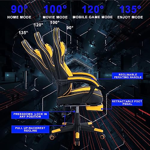 SUKIDA Yellow Gaming Chair Massage - Gamer Chair Adult Gamers Choice Size Cool Big People, PC Video Game Ergonomic Gamingchair with Footrest, Racing Office Computer Reclining Comfortable Recliner