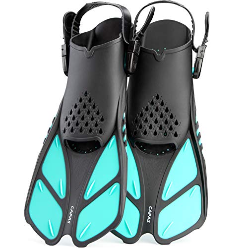 CAPAS Snorkel Mask Fins Set, Travel Size Snorkeling Gear for Adults with Short Adjustable Swim Fins, High Resistant Scuba Diving Mask and Dry Top Snorkel, Come with a Carrying Bag