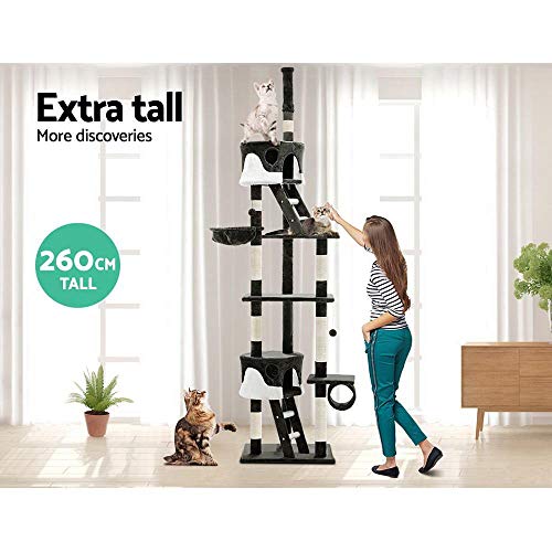 i.Pet Cat Tree Large Cats Tower Ultimate Scratching Post, 260cm Height Pet Scratcher Cardboard Posts Indoor Kittens Wooden Play House Towers and Trees Corner Toys, with Plush Cover Condo Tunnel Ladder