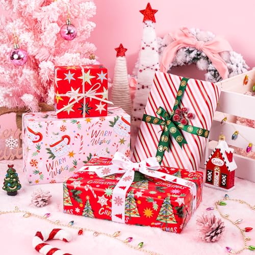 WRAPAHOLIC Christmas Wrapping Paper Roll - Red and Pink Santa Claus Cup, Christmas Tree Holiday Design - 4 Rolls - 30 Inch X 120 Inch Per Roll