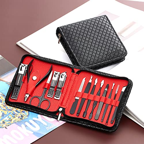 FAMILIFE Manicure Set Manicure Kit Nail Clippers - 13PCS Nail Kit Mens Grooming Kit Pedicure Set Professional Manicure Set Stainless Steel Gifts for Men Black Red Travel Case Nail Care Gifts For Women