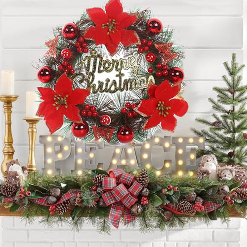 iDopick Artificial Christmas Wreath,12in Handcrafted Front Door Wreaths Decorations Pre Lit with Variant Red Berry, Pinecone&Poinsettia Flowers Christmas Decorations for Home,Thanksgiving, Xmas Decor