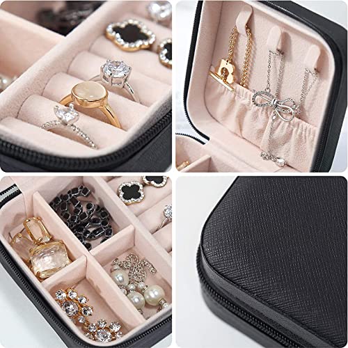 Mini Small Portable Travel Jewelry Organiser Box with Zipper Storage Case for Earrings Rings Bracelet Necklaces for Her Girl and Woman Anniversary Valentines Mother Birthday Gift, TOJUNE (Black)