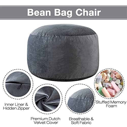 EDUJIN 3 ft Bean Bag Chair: 3' Medium Memory Foam Bean Bag Chairs for Adults/Teens with Filling,Ultra Soft Dutch Velvet Cover, Round Fluffy Lazy Sofa for Living Room - 3 Foot,Dark Gray