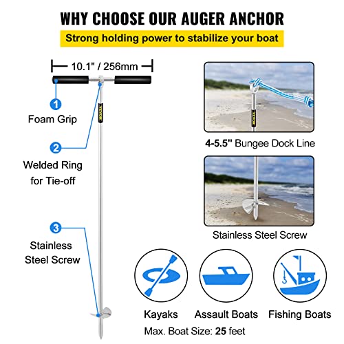 VEVOR Sand Anchor, 36" Length Auger to The Beach and Sandbar, 316 Stainless Steel Screw Anchor w/Removable Handle, Bungee Line & Carry Bag, for Jet Ski PWC Pontoon Kayak