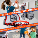 NERF Basketball Hoop Hamper - Laundry Layup Over The Door Basket + Shooting Target - Mini Hoop Hamper + Basketball Set