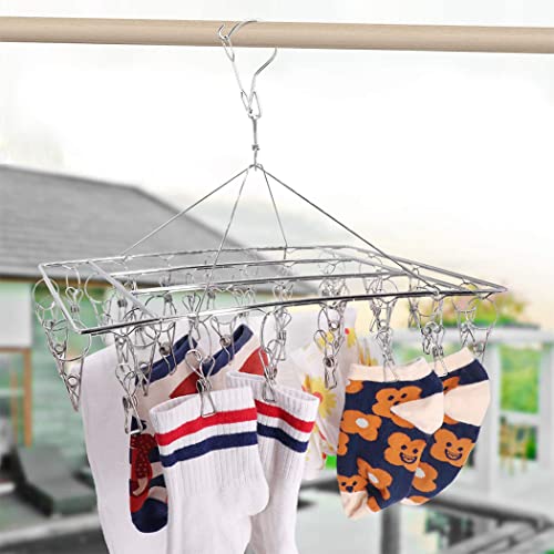 iDopick Clothes Drying Rack, 50 Clips Large Stainless Steel Laundry Clothesline Hanging Rack Drying Clothes Hanger Clothespins Windproof Pegs Hook for Drying/Socks/Underwear/Clothes/Towels