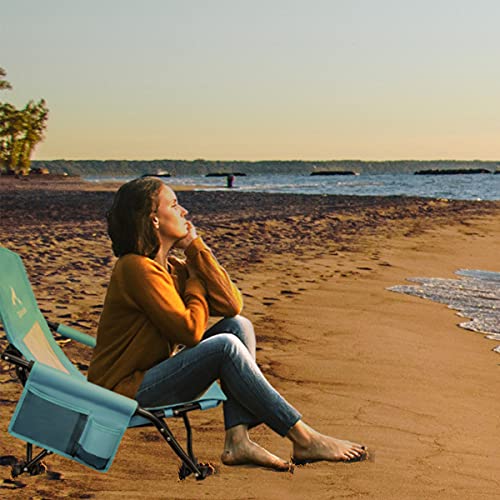 Oileus Low Beach Chair for Beach Tent & Shelter & Camping | Outdoor Ultralight Backpacking Folding Recliner Chairs with Cup Holder & Storage Bag, Carry Bag, Breeze Mesh Back, Compact Duty 1 Pcs Chair
