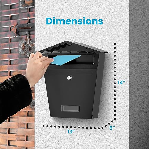 SereneLife Outdoor Wall Mount Lockable Mailbox - Made from Galvanized Metal - Great for Commercial, Rural, Home & Office Use - Easy to Install lockbox with a Slot Secure Lock - Includes 2 keys - Black