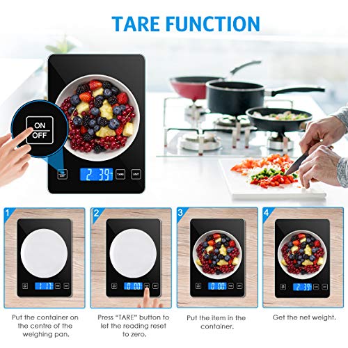 Digital Kitchen Scale, 10kg/22lb Food Scale, 1g/0.1oz Precise Graduation, Waterproof Tempered Glass Platform, High Accuracy Multi-Function Scale for Cooking Baking (Black, Battery Included)