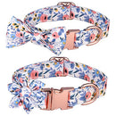 Dog Collar with Flower and Bow Tie，Adjustable Metal Buckle Floral Pattern Dog Collar for Girl Dog Boy Dog Small Medium Large Dog (S-Neck 10-16.5", Width 0.59", Blue)