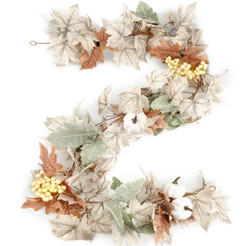 TonJin 1PCS Fall Garland, 6FT/180cm Autumn Maples Leaf Pumpkin Berry Garland Fall Decor Suitable for Thanksgiving Halloween Christmas Mantle Fireplace Farmhouse Harvest Decor