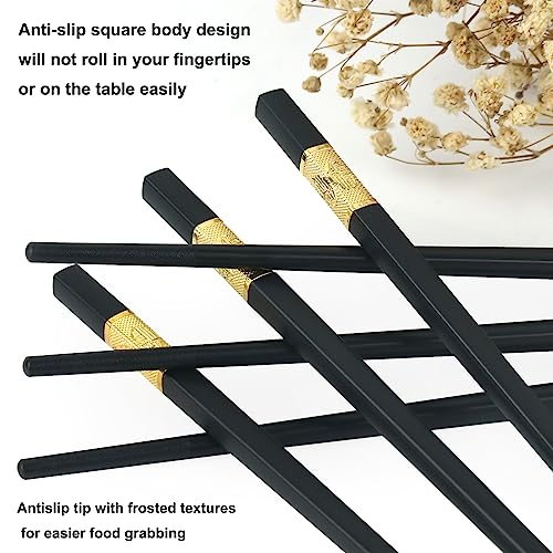 10 Pairs Premium Fiberglass Chopsticks for Sushi, Ramen, Asian Dishes, Reusable Chopstick Gift Set Dishwasher Safe, Japanese Chinese Non-Slip Chop Sticks Black and Gold Color, 9.4-Inch Length