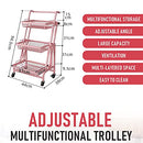 (Pink)3 Tier Trolley Cart Foldable Home Storage Rack with Brake Wheels|Removable Spice Rack Kitchen Organizer with Handle Pantry Organizer Mesh Shelf. Kids' Room Coffee Bar Bedroom Accessories