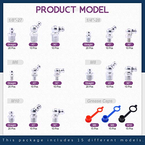 Swpeet 245Pcs SAE & Metric Grease Nipple Assortment Kit, Hydraulic Grease Fittings Standard with Plastic Grease Fitting Cap – 1/4", 1/8" M6 M8 M10 Straight, 90 Degree, 45 Degree Angled Grease Zerks