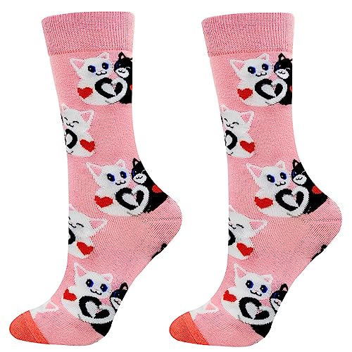 Fun Colorful Socks Patterned Funky Happy Crew Sock Combed Cotton Stockings Packs, 12 Pairs-animal Cat1211, Large-X-Large