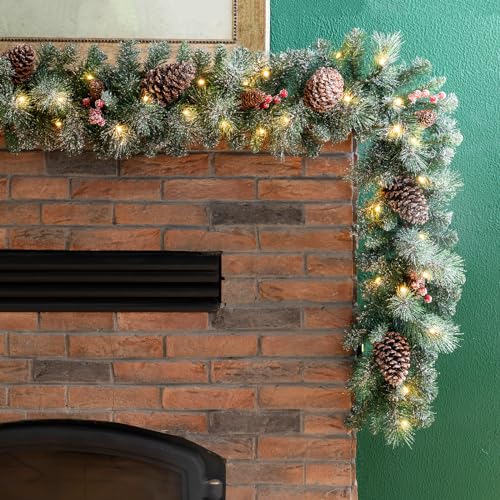 Glitzhome 2PK 6FT Glittered Pinecones and Berries Christmas Garland with 50 Warm White Lights and Timer for Christmas Holiday Party Hanging Decorations