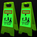 2 Pieces Reflective Kids Playing Sign for Street Slow Down Kids at Play Sign Double Sided 24 Inch Portable Handle Children at Play Warning Board Safety Signs Neighborhood School Park Sidewalk (Green)