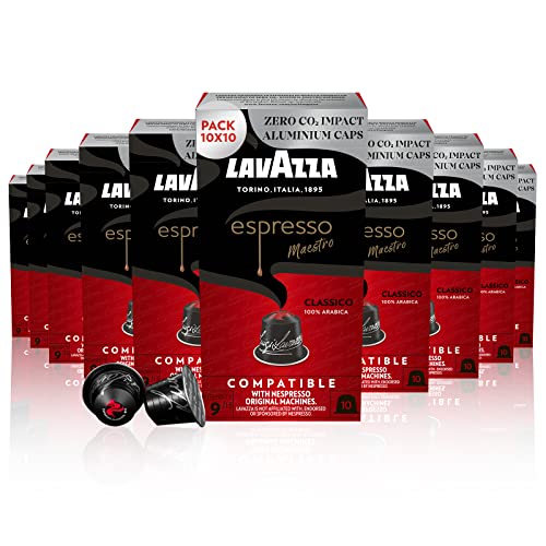 Lavazza, Espresso Maestro Classico, 100 Aluminium Coffee Capsules Compatible with Nespresso Machines* Original, Aromatic Notes of Cereals and Cookies, 100% Arabica, Intensity 9, Medium-Dark Roasting