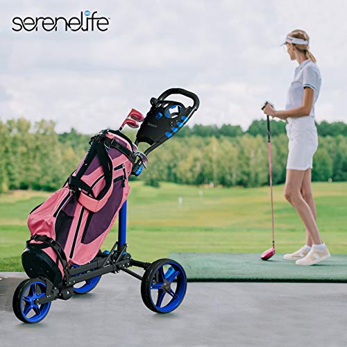 3 Wheel Golf Push Cart - Lightweight Folding Golf Walking Push Cart Roller Golf Bag Holder w/Upper/Lower Bracket w/Elastic Strap, Scorecard Storage Compartment - SereneLife SLGCFLW