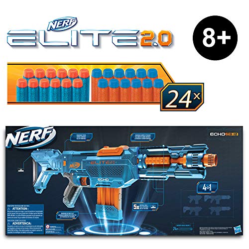 Nerf Elite 2.0 - Echo Cs-10 Blaster - Us Version - 24 Official Nerf Darts - 10-Dart Clip - Removable Stock And Barrel Extension - 5 Tactical Rails - Toys For Kids - E9533 - Ages 8+