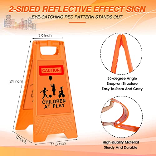 4 Pcs Reflective Slow Down Kids at Play Sign Double Sided 24 Inch Portable Handle Children At Play Warning Board Caution Safety Signs for Street Neighborhood Yard School Park Sidewalk (Orange)