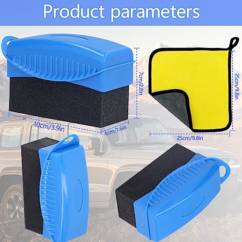 Car Polish Applicator, Tire Dressing Applicator Brush with Handle & Case, Reusable Car Waxing Sponge with Microfiber Towels Auto Tyre Cleaning Pad