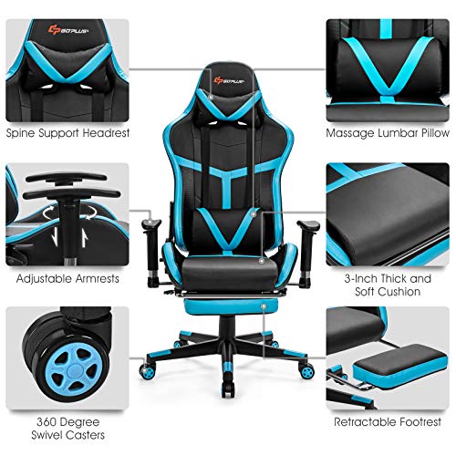 POWERSTONE Massage Gaming Chair Recliner - Racing E-Sports Computer Chair with Footrest Lumbar Support and Headrest Ergonomic Office Chair PU Leather High Back Adjustable Swivel Chair, Blue