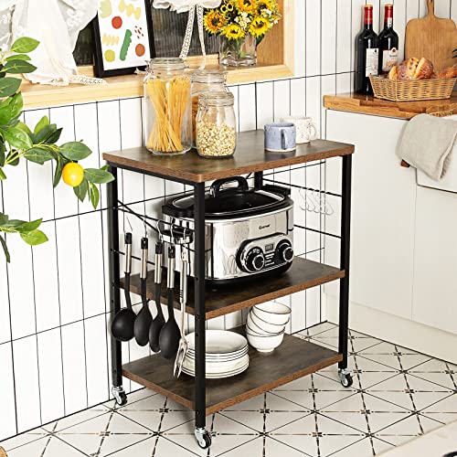 Giantex 3-Layer Kitchen Bakers' Rack Microwave Stand, Kitchen Rolling Cart with 4 Universal Wheels and 10 Removable Hooks, Coffee Cart Shelf Organizer for Kitchen, Living Room, Entryway (Rustic Brown)