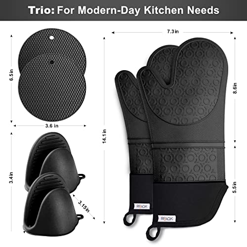 Oven Mitts and Pot Holder- Extra Long Silicone Oven Mitt Heat Resistant 500 Degrees with bonus 2 trivets & Mini Pinch Oven Mitts-Food Safe Baking Gloves for Cooking in Kitchen with Soft Inner Lining (Black Oven Mitts Set)