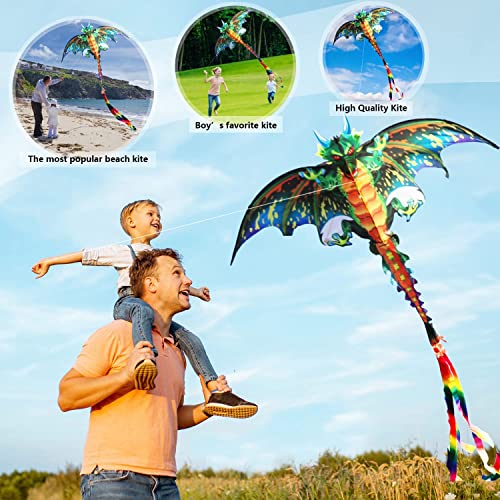 (Blue) - Lamonty Green Dragon Kite - Beautiful and Easy Flyer Kite for Children and Adult with Long Colourful Tail String Line Accessories Easy to Soar High Outdoor Sports Game Activities or Beach Trip