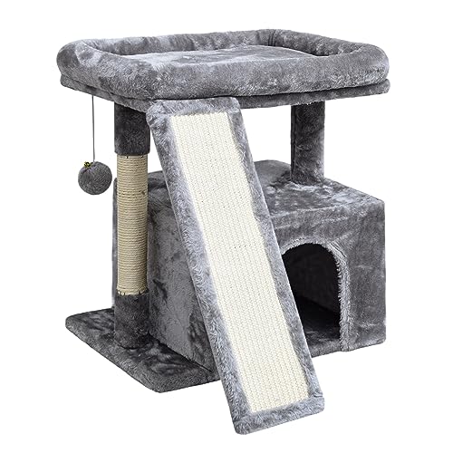 SIYIPURR Small Cat Tree for Indoor Cats，Cat Tower with Cat Scratching Post and Board，Cat House with Cat Perch for Kitten, Cat Condo,Stable Cat Stand (Light Grey)
