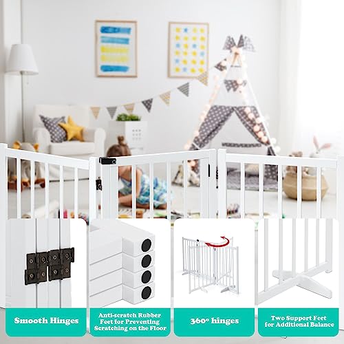 AUSWAY Freestanding Dog Gates with Walk Over Door,Pet Dog Gate Wooden,Foldable Dog Fence Pet Gate Puppy Safety Guard,Indoor Pet Playpen Cat Barrier Protection Net Stair Partition,White with 3 Panels