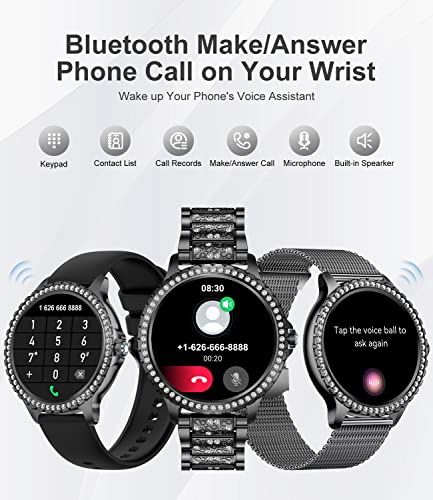 Smart Watch for Women with Make/Answer Call IP67 Waterproof Fitness Activity Tracker 1.32" HD Touchscreen Compatible iOS Android Fashion Smartwatches Black Diamond Stainless Steel Watch