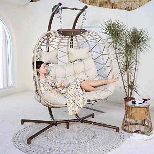 NICESOUL 2 Person Double Egg Chair Outdoor Patio Wicker Loveseat Hanging Chair Swing Egg Chairs with Cushions Double Seats Egg Chair 510 lbs Capaticy for Patio Backyard Balcony Bedroom Gift Cream