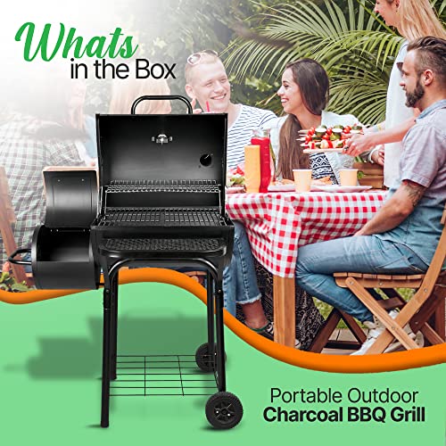 NutriChefKitchen Charcoal Grill Offset Smoker with Cover, Portable Stainless Steel Grill, Outdoor Camping BBQ and Barrel Smoker (Black)