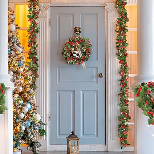 Jexine 2 Pcs 6.6 ft Led Christmas Garland with Lights, Flexible Red Berry Garland, Artificial Christmas Wreath String Lights for Indoor Outdoor Home Stairs Garden Fireplace Winter Holiday New Year