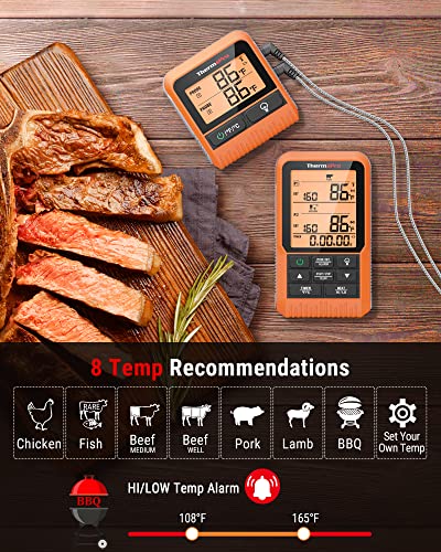 ThermoPro TP826 500FT Wireless Meat Thermometer, Dual Meat Probe Cooking Thermometer with HI/Low Alert& Kitchen Timer, IPX4 Food Grill Thermometer, BBQ Smoker Thermometer for Oven,Grilling Gifts