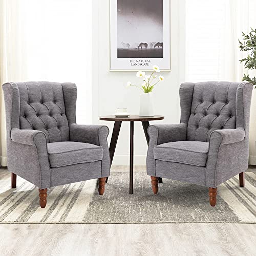 COLAMY Living Room Accent Chairs Set of 2, Thick Upholstered Button Tufted Wingback Armchair Fabric Mid-Century Modern Sofa Arm Chair, Solid Wood Legs Padding Seat, Grey