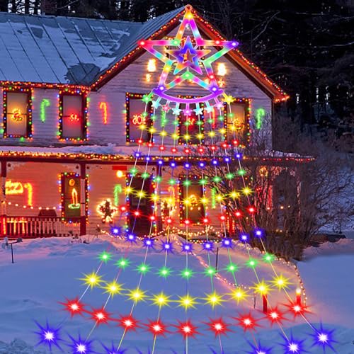 Christmas Lights Outdoor Decorations, 360LED Waterfall Christmas Tree Lights with IP44 Waterproof Plug in,8 Mode Twinkle Festoon Fairy Star String Lights for Indoor Yard Patio Party Wedding(Colourful)