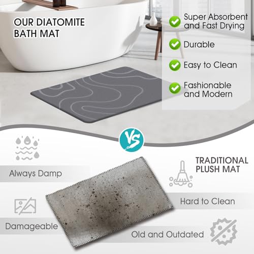 ZIKIBL Stone Bath Mat Diatomaceous Earth Bath Mat Super Absorbent Diatomite Stone Bath Mats for Bathroom Quick-Drying Non-Slip Bath Stone Mat Easy to Clean Stone Shower Mat(24 * 16'' Grey)