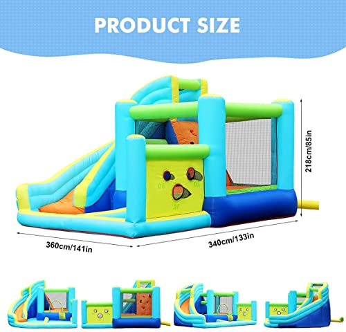 FBSPORT Inflatable Bounce House, Water Slide Park Slide Bouncer with Ball Shooting, Climbing Wall, Jumping and Splash Pool, Kids Bouncy Castle with 450W Air Blower for Outdoor Backyard