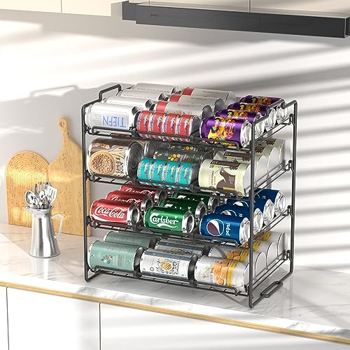 Sulishang 4 Tiers Stackable Can Rack Organizer, Wear-resistant Upgrade Beverage Food Can Dispenser Holder Holds up to 48 Cans for Kitchen Cabinet and Pantry (Black)