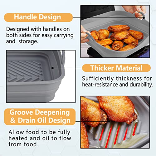 ZCOINS 2 Pack 8.5inch Air Fryer Silicone Liners Square Foldable, Non-Stick Air Fryer Silicone Baking Tray, Heat Resistant Air Fryer Silicone Basket for 5 to 8 QT Air Fryer Oven Microwave Accessories